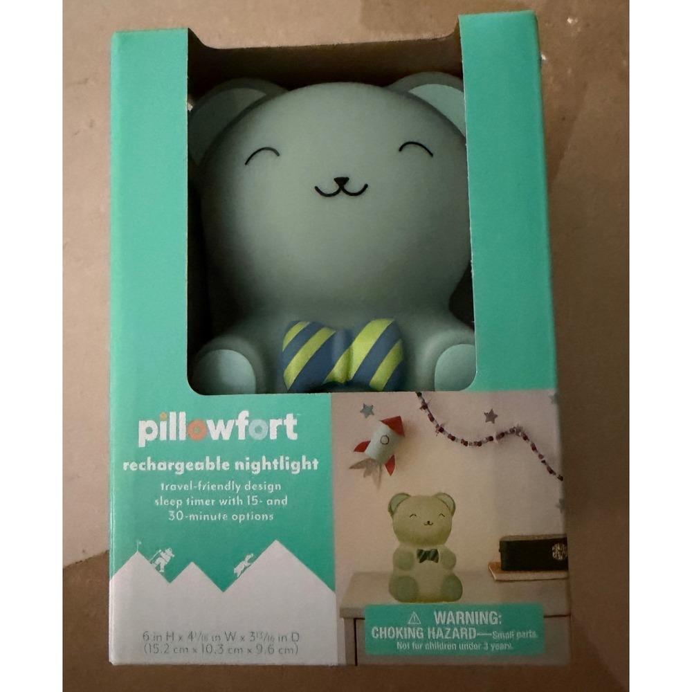 Pillowfort Rechargeable Blue‎ Bear Nightlight Sleep Timer USB Light New